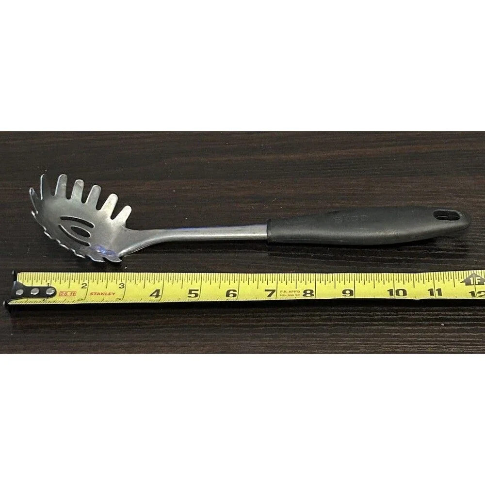 Vintage EKCO Stainless Steel Pasta Server Spaghetti Spoon Black Handle 12”